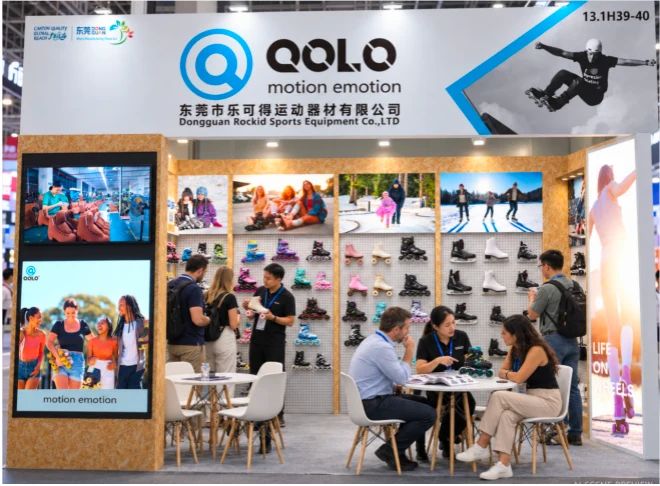 QOLO exhibition booth displaying skates and hosting buyer discussions, with booth signage 13.1 H39–40