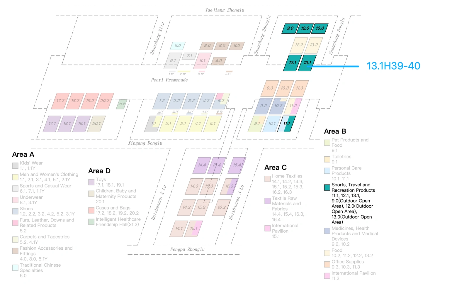Canton Fair venue map marking QOLO at Hall 13.1, Booth H39–H40, in Area B