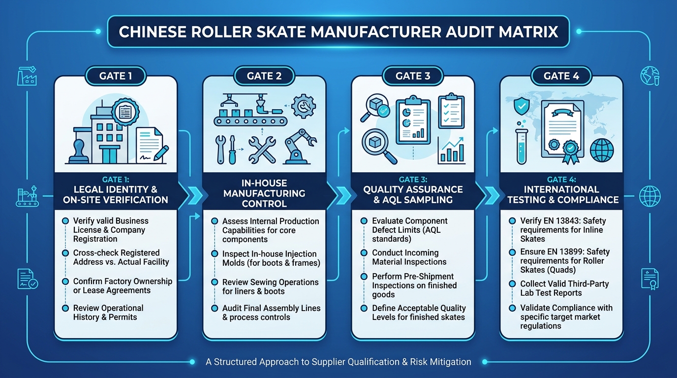 Four-gate due diligence matrix for qualifying Chinese roller skate manufacturers