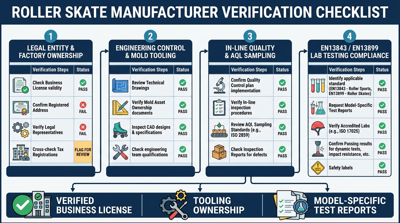 Four-pillar manufacturer verification checklist: Legal Entity, Tooling, Quality, and Lab Compliance